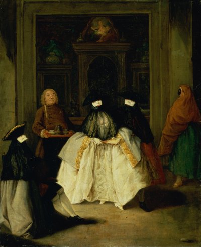 Gemaskerde figuren in een Venetiaans koffiehuis door Pietro Longhi