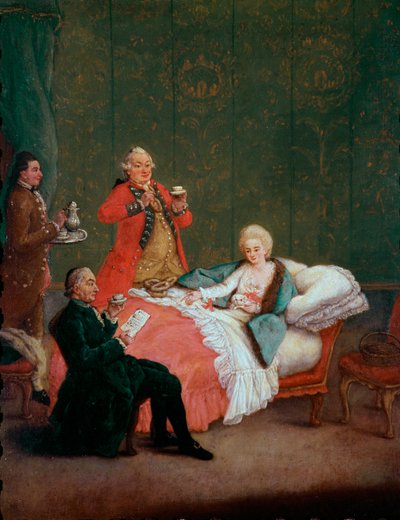 Ochtendchocolade, jonge vrouw van adel in bed bediend door drie mannen door Pietro Longhi