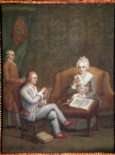 Portret van Adriana Giustinian met haar zoon Gerolamo Ascanio die warme chocolade drinkt door Pietro Longhi