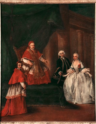 Weergave van paus Clemens XIII (1693-1769) met zijn neef Ludovico Rezzonico en vrouw Faustina Savorgnan door Pietro Longhi