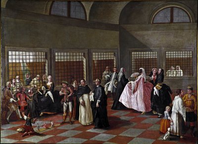 De salon van het klooster door Pietro Longhi