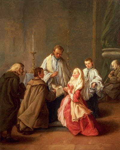 De zeven sacramenten: Huwelijk, olieverf op doek, voor 1755-57 door Pietro Longhi
