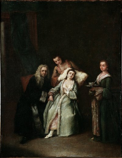 De zieke vrouw Bezoek van de dokter die de pols van de zieke neemt door Pietro Longhi