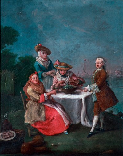 Twee vrouwen in reiskleding in de tuinen van de Venetiaanse lagune door Pietro Longhi
