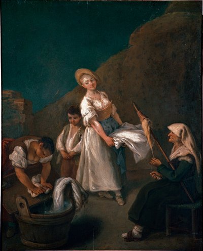 Jonge vrouwen die de was doen in de bakken, een oudere vrouw rechts lijnen van wol. Schilderij door Pietro Longhi (1702-1785) circa 1740 Venetië, Ca