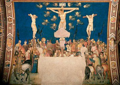 Kruisiging. Fresco door Pietro Lorenzetti (1280/5-1348) 1335-1340. Basilica di San Francesco, Chiesa Inferiore, Assisi door Pietro Lorenzetti