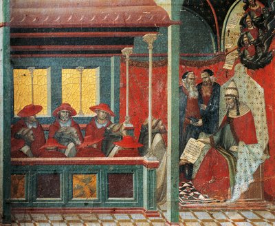 Honorius III keurt Karmelietenregel goed, detail van predella van altaarstuk voor Carmine door Pietro Lorenzetti