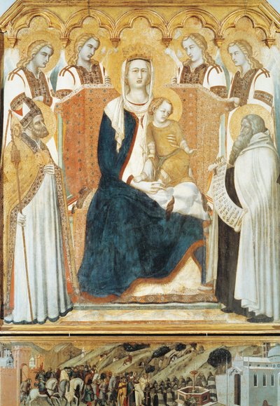 Italië, Siena, Madonna met engelen en heiligen door Pietro Lorenzetti