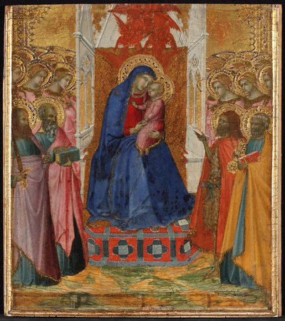 Maria auf dem Thron mit dem Kind, anbetende Engel und Heilige Paulus, Johannes der Evangelist, Johannes der Täufer und Petrus door Pietro Lorenzetti