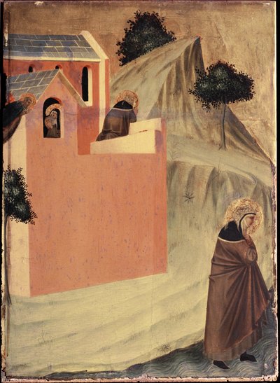 De heilige verlaat het klooster van Sint-Perpetua en steekt de rivier Lamone over (Polyptiek van het leven van Sint-Humilitas) - Tempera op hout 14e eeuw door Pietro Lorenzetti
