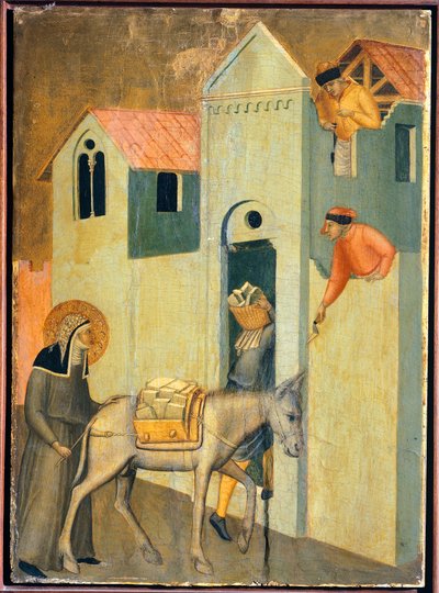 De gezegende gaat bedelen om materialen om het klooster te bouwen, tegel van het altaarstuk van de Gezegende Nederigheid door Pietro Lorenzetti