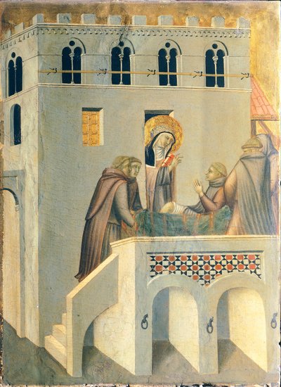 De gezegende geneest de voet van een monnik van de Abdij van Vallombrosa, tegel op het altaarstuk van de Gezegende Nederigheid door Pietro Lorenzetti