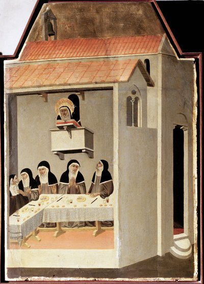 De ongeletterde heilige leest wonderbaarlijk (Polyptiek van het leven van Sint Nederigheid) 14e eeuw door Pietro Lorenzetti