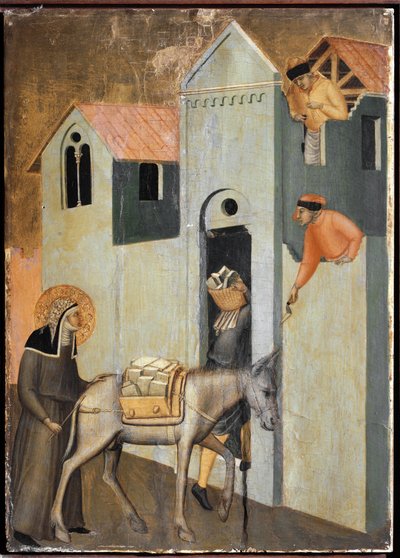 De heilige brengt stenen om een nieuw klooster te bouwen in Florence (detail) door Pietro Lorenzetti