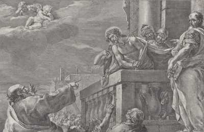 Christus op een balkon omringd door bewakers, Pilatus staat rechts en gebaart, ca. 1730-39 door Pietro Monaco