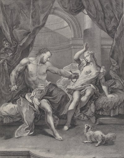 Simson en Delila zittend op een bed, Simson die de touwen die zijn hand binden verscheurt..., ca. 1730-39 door Pietro Monaco