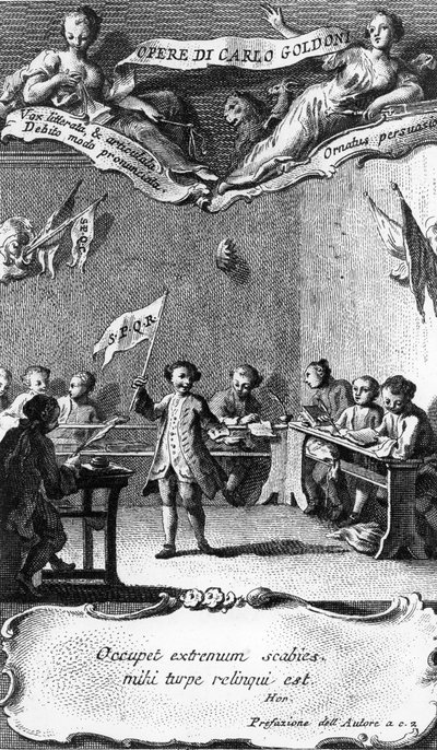 Carlo Goldoni zwaait met een vlag ter viering van het behalen van zijn jaar aan de jezuïetenschool in Perugia, uit 