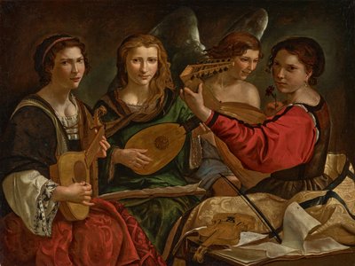 Luitspelers en een engel (olie op doek) door Pietro Paolini