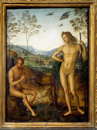 Apollo en Marsyas - Marsyas speelt fluit voor Apollo, koning van de lier, als uitdaging door Pietro Perugino