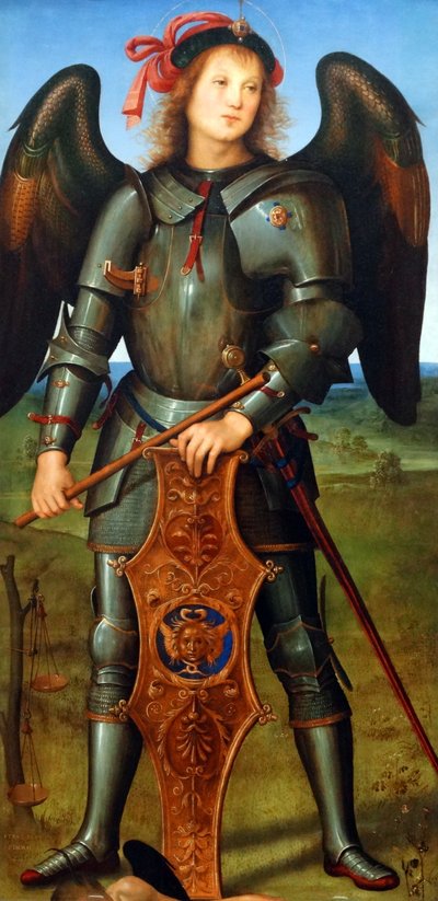 De Maagd en Kind met een Engel, de Aartsengel Rafaël met Tobias en de Aartsengel Michaël (detail) door Pietro Perugino