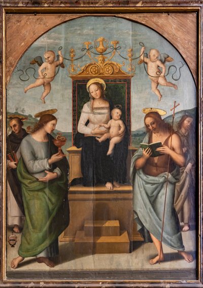 Maagd op de troon tussen St. Gervase, Protasio, Paulus en Petrus door Pietro Perugino