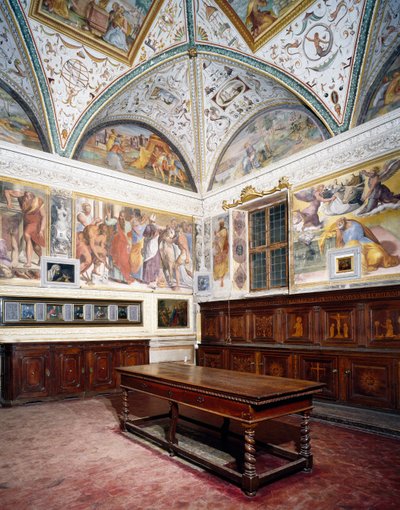 Glimp van sacristie met Perugino-panelen, Basiliek van Sint-Pieter, Perugia, Umbrië, Italië door Pietro Perugino