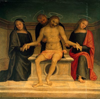 Rouw om de Dode Christus, door Perugino, fresco, Basiliek van Sint Pieter, Perugia, Umbrië, Italië door Pietro Perugino