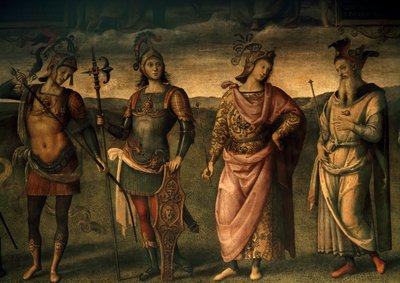 Leonidas Lacedaemonian, Horatius Cocles, Publius Scipio, Pericles van Athene, Allegorieën van Moed en Gematigdheid met Zes Antieke Helden door Pietro Perugino