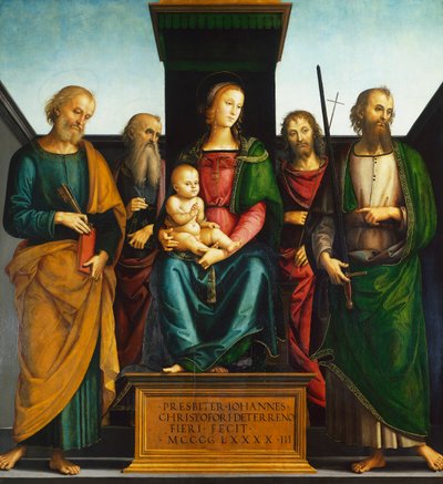 Madonna en Kind op troon met heiligen Johannes de Doper, Petrus, Paulus en Johannes de Evangelist, door Pietro Perugino door Pietro Perugino