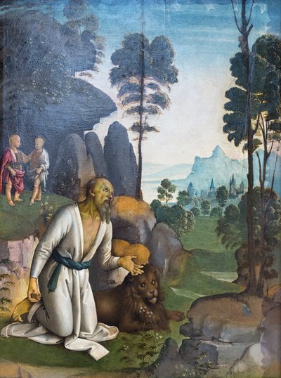 Boetvaardige Sint Hiëronymus met het kind Jezus en Sint Johannes de Doper als kind door Pietro Perugino