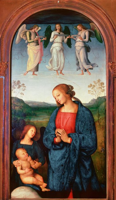 Polyptiek van de Chartreuse van Pavia: Madonna met het Kind en drie engelen door Pietro Perugino