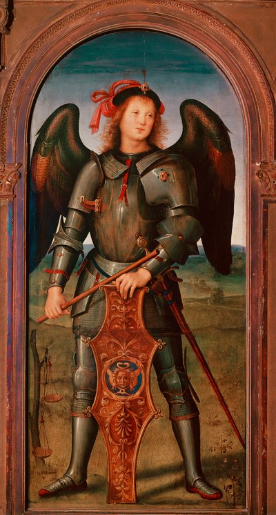 Polyptiek van de Chartreuse van Pavia: De Aartsengel Michaël. Schilderij door Pietro Vannucci, bekend als il Perugino door Pietro Perugino