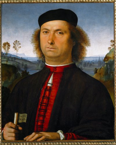Portret van Francesco delle Operere. Hij houdt een rol met de uitdrukking 