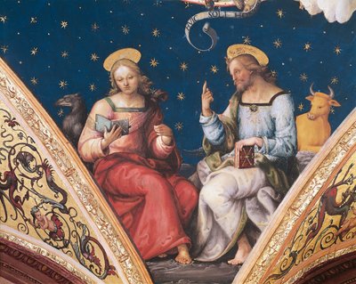 Sint Lucas en Sint Johannes, detail van De Eeuwige Vader, met heiligen en evangelisten door Pietro Perugino
