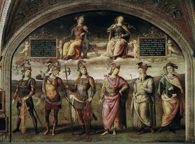 Kracht en matigheid met zes oude helden. Links zelfportret van de kunstenaar in trompe-l