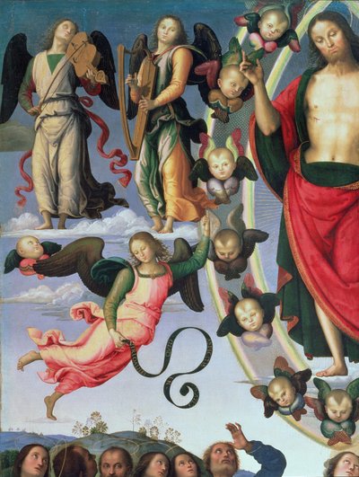 De Hemelvaart van Christus, detail van Christus en muzikale engelen, rechterbovenhoek door Pietro Perugino