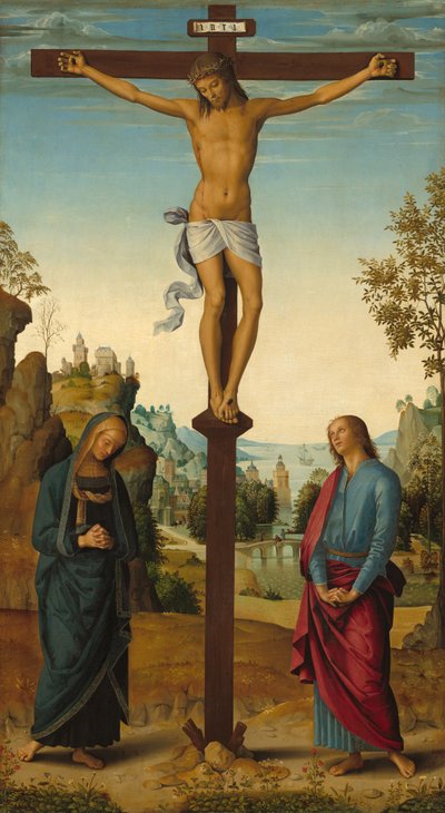 De Kruisiging met de Maagd, Sint Jan, Sint Hiëronymus en Sint Maria Magdalena [middenpaneel] door Pietro Perugino