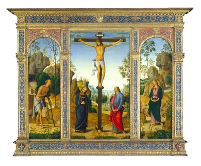 De kruisiging met de Maagd, Sint Jan, Sint Hiëronymus en Sint Maria Magdalena door Pietro Perugino