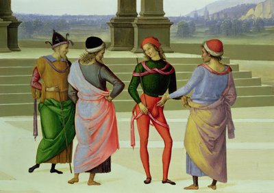Het Huwelijk van de Maagd, detail van vier mannen in gesprek door Pietro Perugino