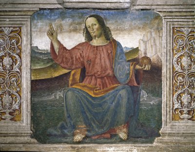 De Verlosser, Jezus die de wereldbol vasthoudt en zijn hand opheft als teken van zegen door Pietro Perugino