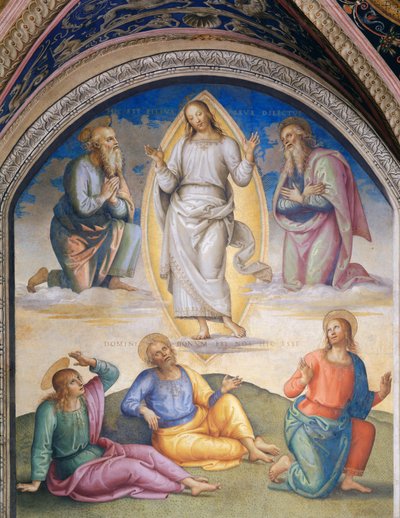 De Transfiguratie: Christus gekleed in wit wordt omringd door Mozes en Elia, onder de apostelen Johannes, Petrus en Jakobus door Pietro Perugino