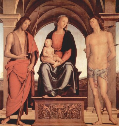 Troonende Madonna met Heilige Johannes de Doper en Heilige Sebastian door Pietro Perugino