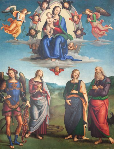 Maagd met kind in glorie met heiligen door Pietro Perugino
