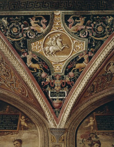 Krijgers te paard plafonddecor. Schilderij door Perugino (Pietro Vannucci, genaamd il Perugino) door Pietro Perugino