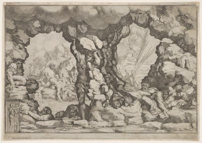 Een reus die een rotsblok heft in het midden, andere reuzen links en rechts worstelen en rec..., ca. 1680 door Pietro Santi Bartoli