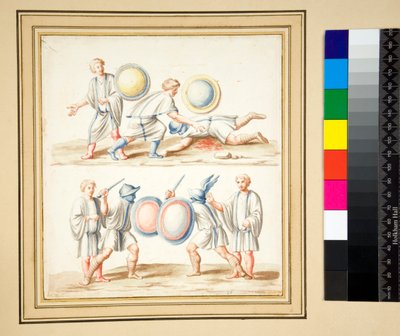 Kopie van een mozaïek van Twee gladiatoriale scènes door Pietro Santi Bartoli