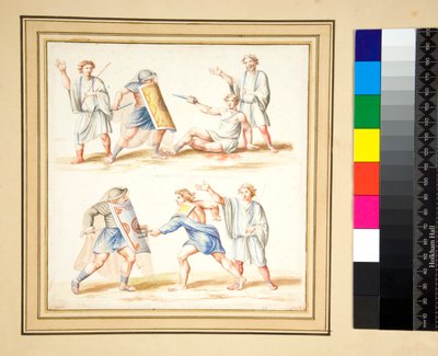 Kopie van een mozaïek van een gevecht tussen een secutor en een retiarius door Pietro Santi Bartoli