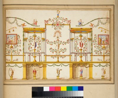 Groot ontwerp van een muur met schilderijen door Pietro Santi Bartoli