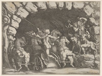 Pluto, van achteren gezien, betreedt de Onderwereld op zijn wagen, Cerberus en drie Fur... door Pietro Santi Bartoli