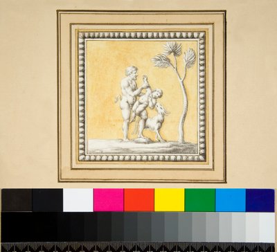 Drie zilveren panelen van de voorkant van een houten kist (zwarte krijt, sommige met pen en bruine inkt. gekleurd met aquarel) door Pietro Santi Bartoli